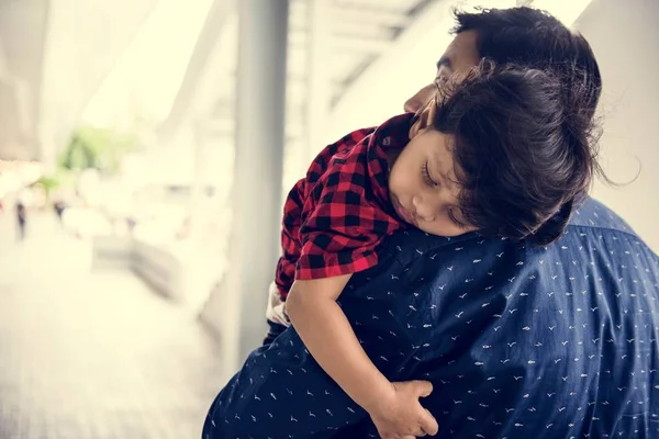 Happy Indian Family Son Sleeping Father Shoulder — Stock Photo, Image