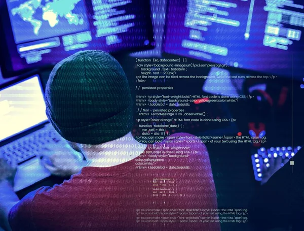 Achteraanzicht Van Hacker Kantoorruimte Hacking Software — Stockfoto