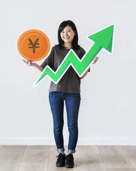 Счастливая Азиатка Японской Йеной Стрелой Финансового Роста — стоковое фото