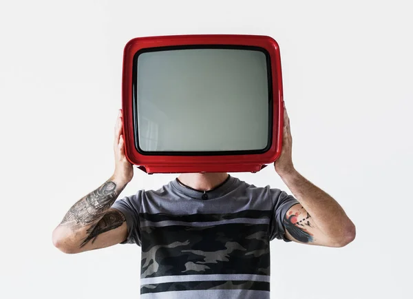 Man Tattoos Holding Television — Stock Photo, Image