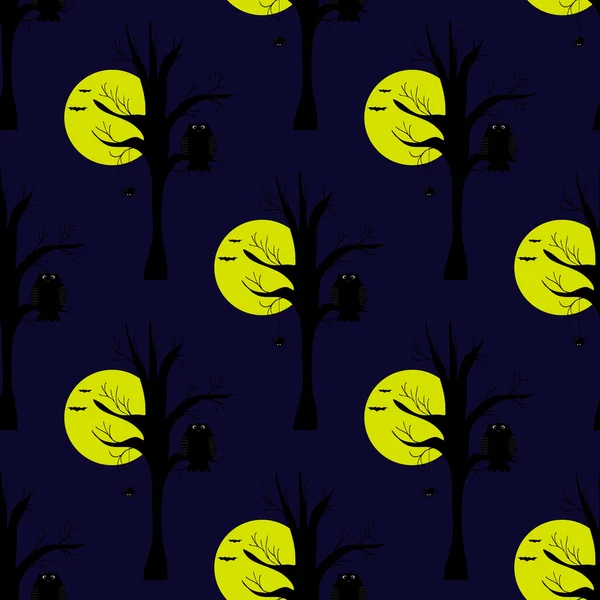 Nahtloses Muster mit Mond, dunkler Nacht und Eule am Baum — Stockvektor
