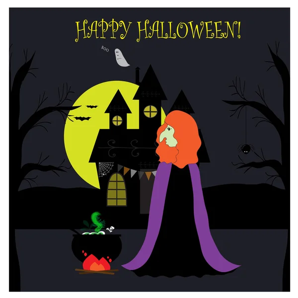 Illustrazione di Halloween con casa spaventosa e strega — Vettoriale Stock