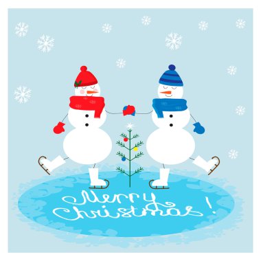 Sevgi sevimli kardan adam ve snowwoman bir çiftin Christmas illüstrasyon