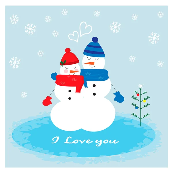 一对夫妇在爱可爱的雪人和 snowwoman 的圣诞节插图 — 图库矢量图片