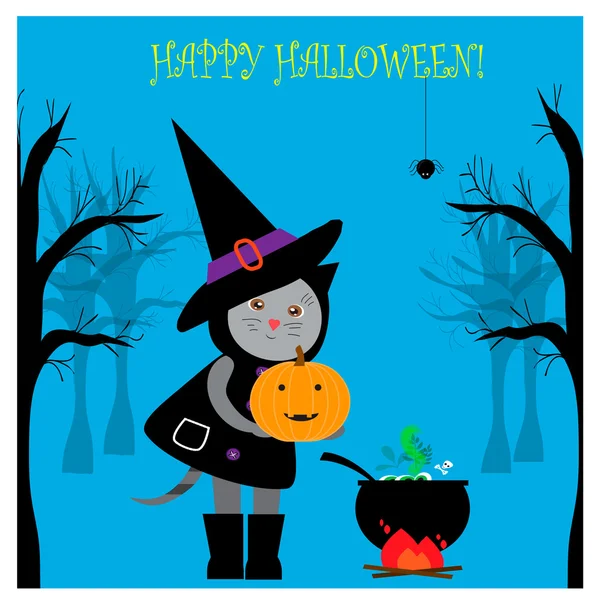 Illustrazione di Halloween con gatto carino nella foresta — Vettoriale Stock