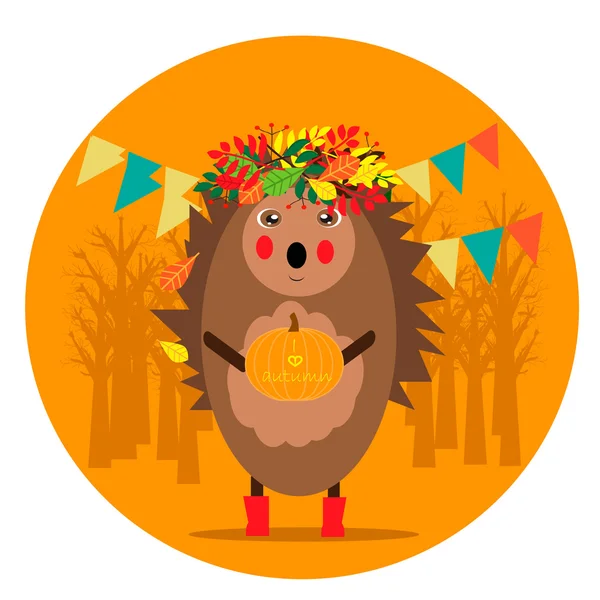 Herfst illustratie met grappige Egel in een krans op het hoofd en pompoen in de hand — Stockvector