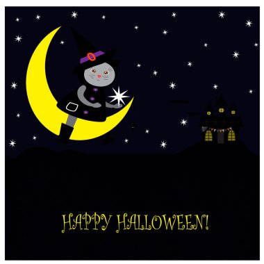 Cadılar Bayramı illüstrasyon Ay'da şirin kedi oturma ile