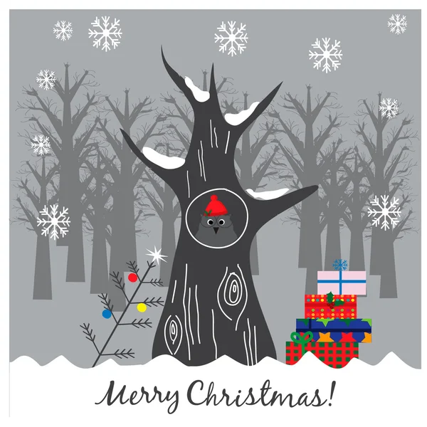 Boże Narodzenie ilustracja z sowa w wydrążonym drzewie — Wektor stockowy