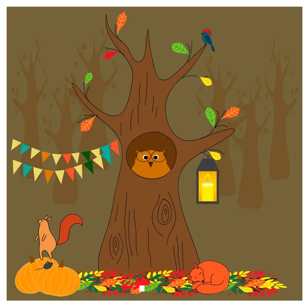 Herfst illustratie met bos en bos dieren — Stockvector