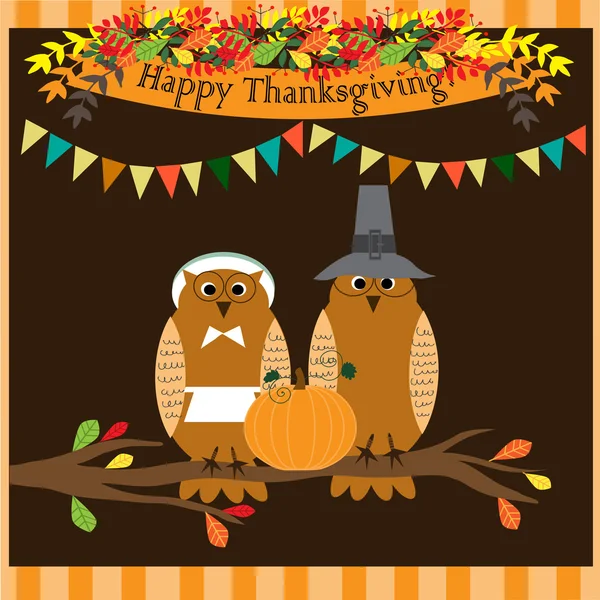 Открытка на День Благодарения или плакат с милыми совами в костюме паломника, сидящими на ветке дерева . — стоковый вектор
