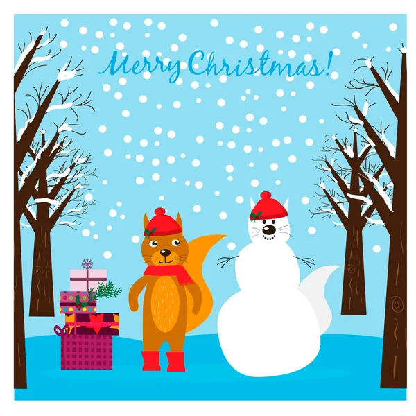 Boże Narodzenie ilustracja z słodkie wiewiórka w lesie — Wektor stockowy