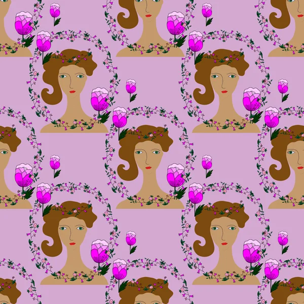 Seamless pattern with pretty woman in a floral wreath — ストックベクタ