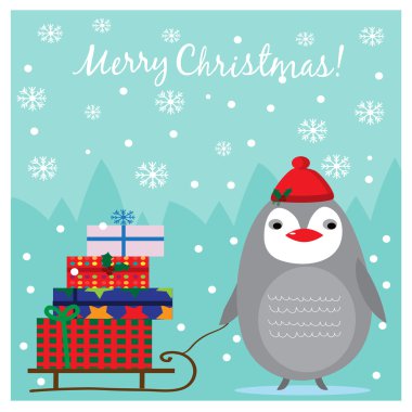 Resimde hediyeler ile sevimli penguen ile