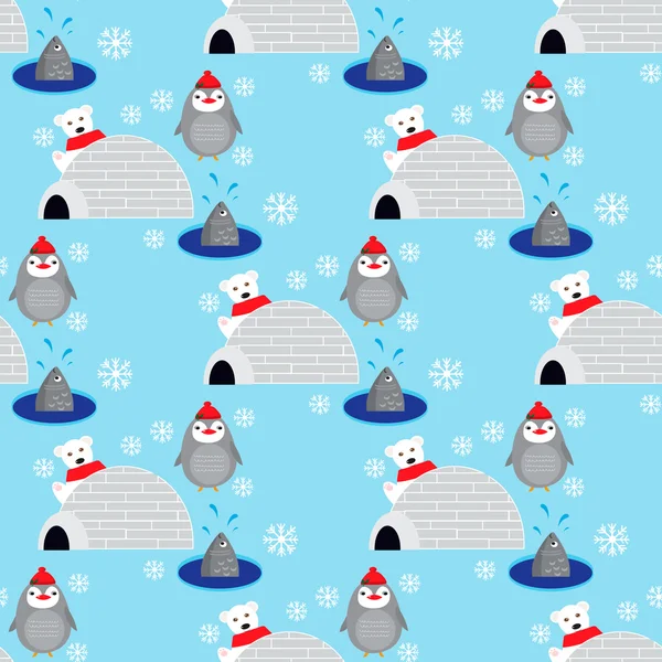 Seamless pattern with cute penguin and bear in Antarctica — Stock vektor