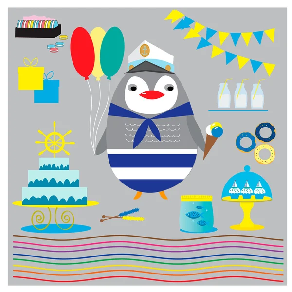 Coleção de aniversário para festa marinha com pinguim bonito — Vetor de Stock