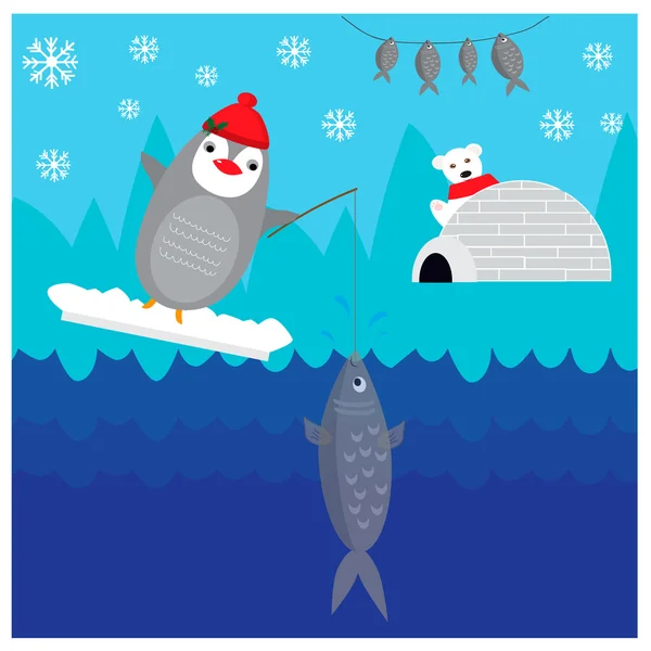 Winter illustration with cute fishing penguin — Stock vektor