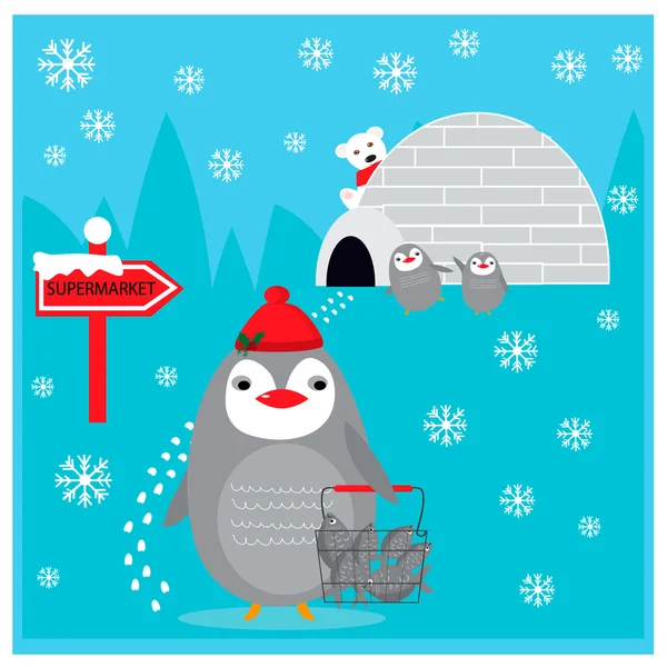 Winter illustration with cute penguin bought  fish in supermarket — Stock vektor