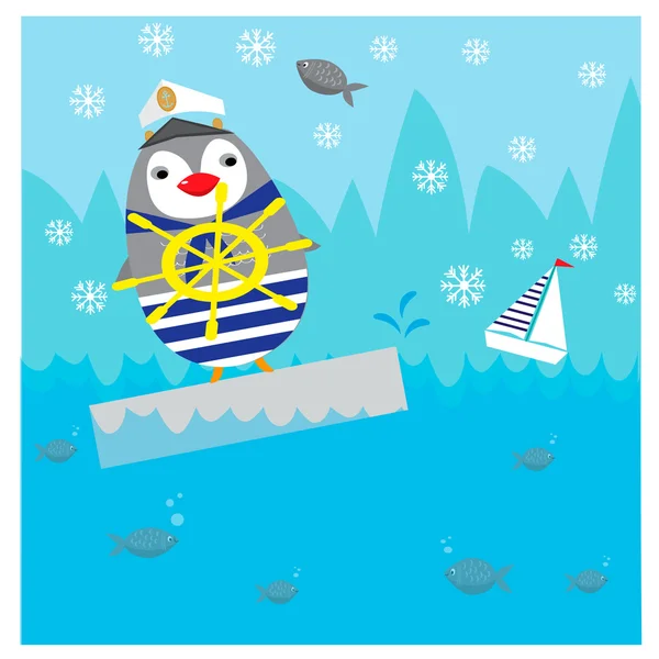 Illustration with cute captain penguin on the North Pole — Stock vektor