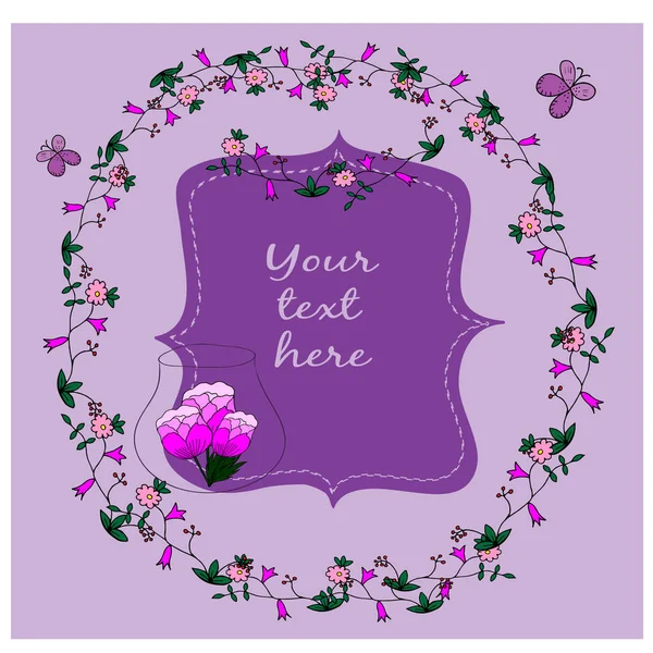 Cartão de saudação com moldura e flores desenhadas à mão — Vetor de Stock