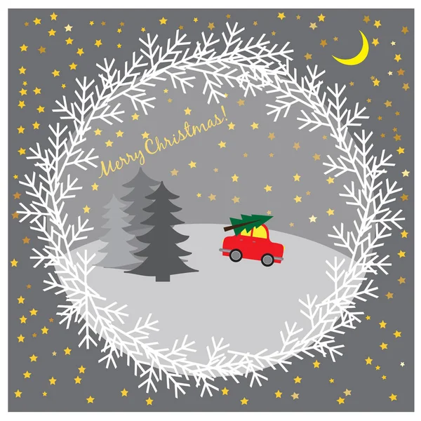 Рождественская иллюстрация с автомобилем за рулем ёлки — стоковый вектор