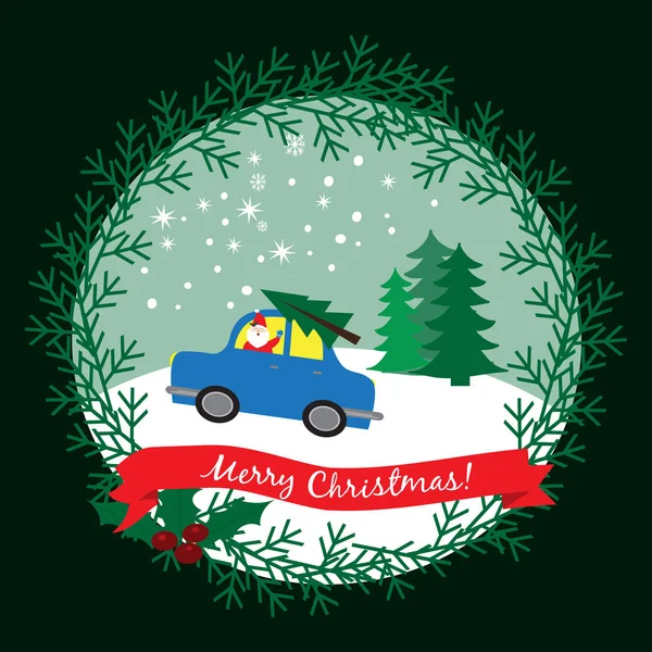 Christmas card with retro car with Santa Claus in a winter forest — Stock Vector