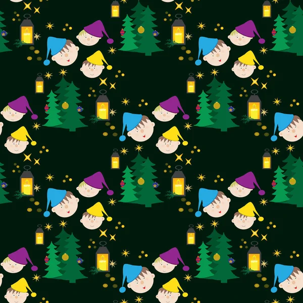Karácsonyi varrat nélküli mintát witn vicces gyerekek egy sapka — Stock Vector