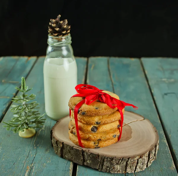 Cookies Milk Bottle Wooden Table — Stock Photo, Image