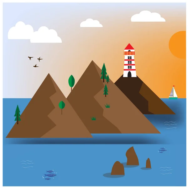 Ilustración Con Isla Faro Paisaje Marino — Vector de stock