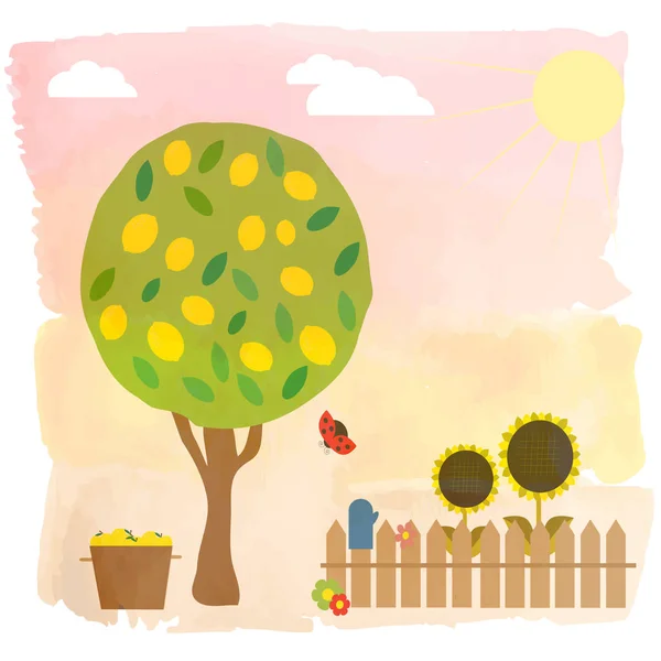 Illustration Summer Garden Lemon Tree — Stock Vector