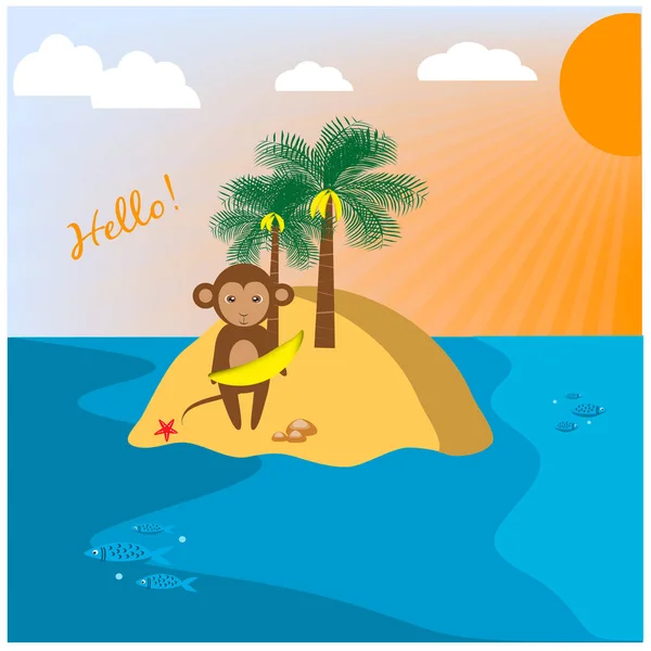 Ilustración Con Mono Isla Deshabitada — Vector de stock