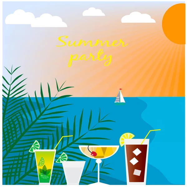 Summer Beach Landscape Cocktails — Stock Vector