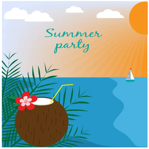Summer Card Coconut Sea Landscape — Stock Vector
