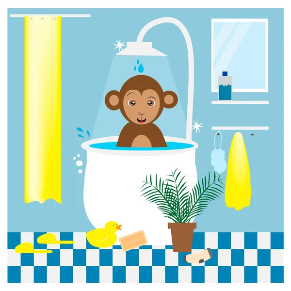 Illustrtation Monkey Taking Bath — Stock Vector