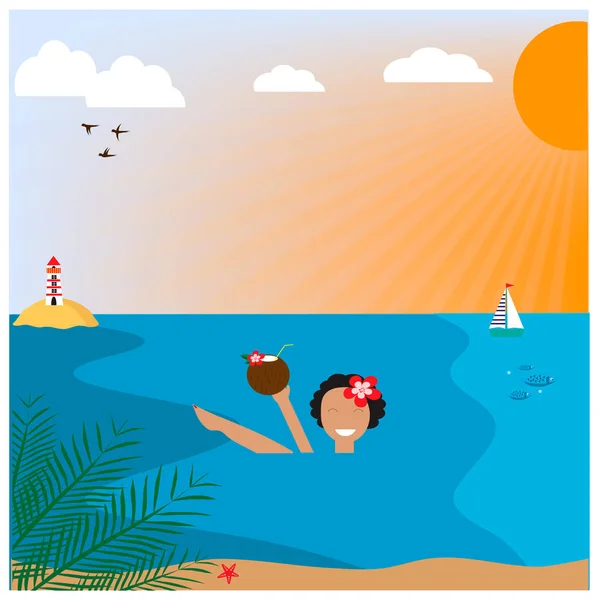 Ilustración Con Chica Playa — Vector de stock