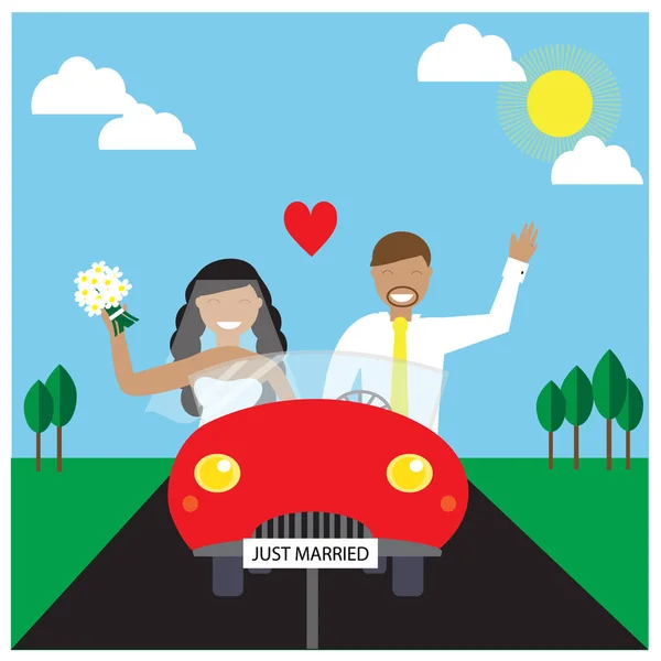 Pareja Casada Coche Rojo Yendo Viaje — Vector de stock