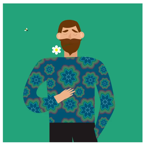 Романтическая концепция. Бородатый мужчина держит цветок во рту — стоковый вектор
