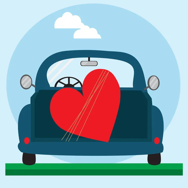 Big red heart on the blue car. — Stock Vector