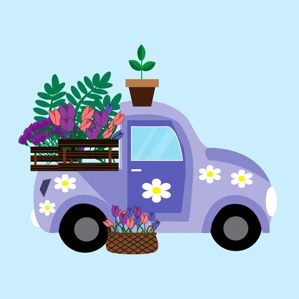 Μωβ αυτοκίνητο με λουλούδια. Εικονογράφηση διάνυσμα. — Διανυσματικό Αρχείο