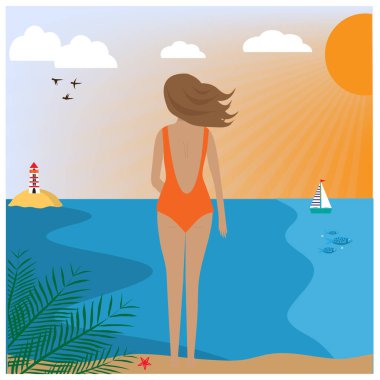 Sahilde bekleyen bir turuncu mayo giyen kadın ile illüstrasyon.