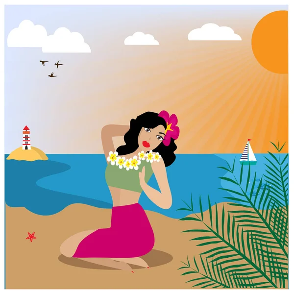 Ilustración con una mujer hawaiana sentada en la playa . — Vector de stock