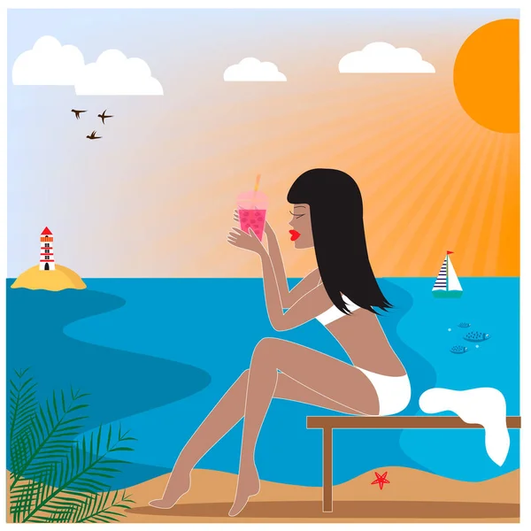 Illustration avec femme avec boisson assise sur la plage . — Image vectorielle