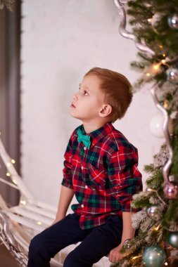Kareli gömlekli ve arka planda Noel dekoru olan sevimli bir çocuk.