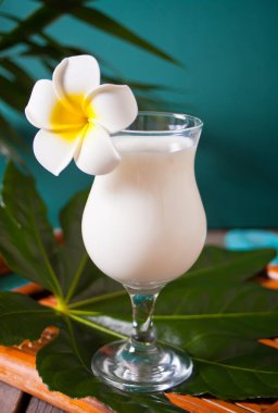 Geleneksel Karayip egzotik kokteyli Plumeria Frangipani çiçekli bardakta pina colada, arka planda palmiye yaprağı..