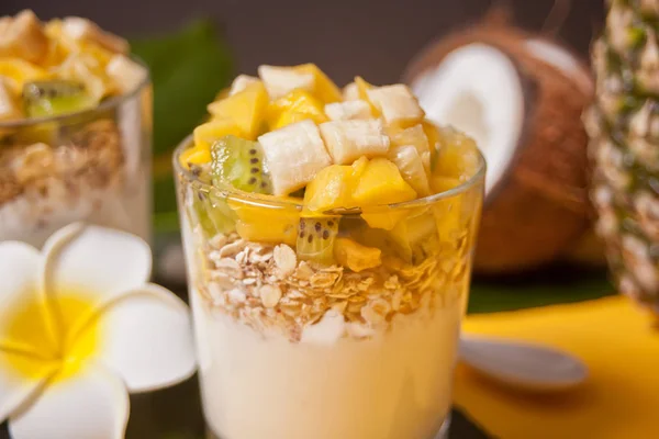 Exotic tropical fruit salad with muesli and yogurt in a glass with pineapple and coconut on the background. — 스톡 사진
