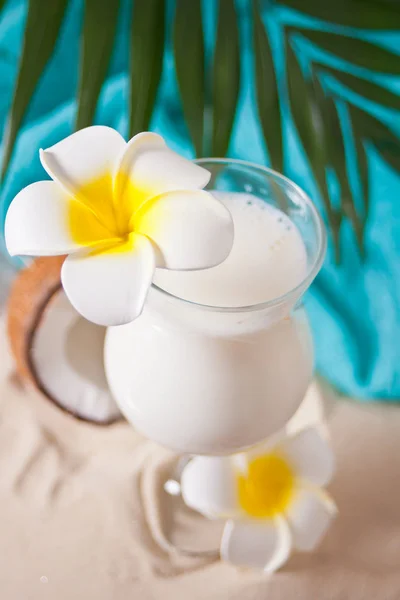 Traditionellen karibischen exotischen tropischen Cocktail trinken Pina Colada in einem Glas mit Plumeria Frangipani Blumen, Palmblatt und Kokosnuss auf dem Hintergrund. tropisches Strand-Picknick-Konzept. — Stockfoto