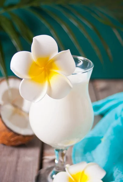 传统的加勒比豆类热带鸡尾酒喝的是凤梨科拉达的眼镜，背景上有洋李花、棕榈叶和椰子。 热带海滩野餐概念. — 图库照片