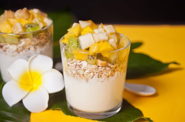 Exotic tropical fruit salad with muesli and yogurt in a glasses on the palm leaf. — 스톡 사진