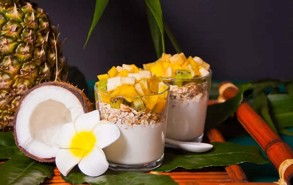 Salada de frutas tropicais exóticas com muesli e iogurte em óculos na folha de palma . — Fotografia de Stock