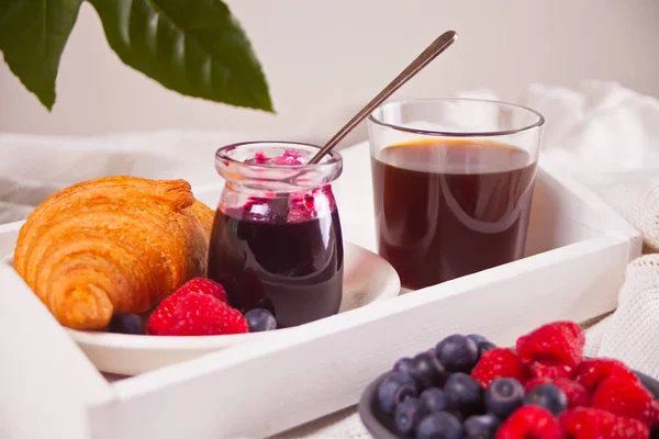 Fresh Croissants Buns Berries Black Currant Jam Glass Coffee Breakfast — Stock Photo, Image