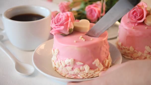 Donna Taglio Mini Piccola Torta Con Smalto Rosa Decorato Belle — Video Stock